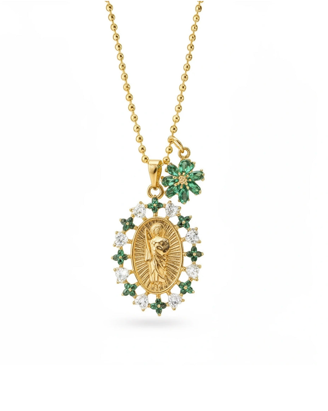 Saint Joseph Medal with Green Flower Halo Necklace
