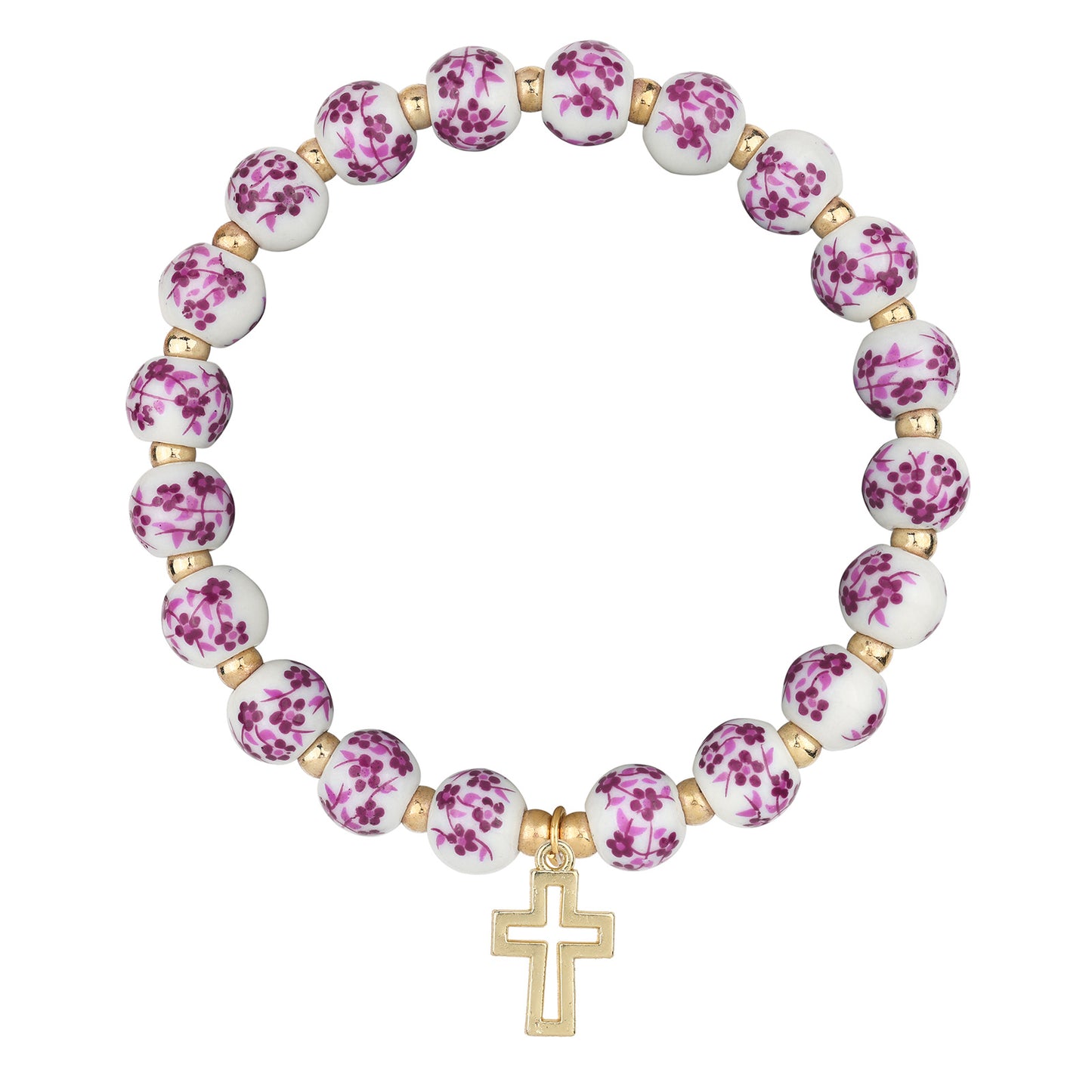 Floral Ceramic Bead Bracelet with Crystal Cross Charm