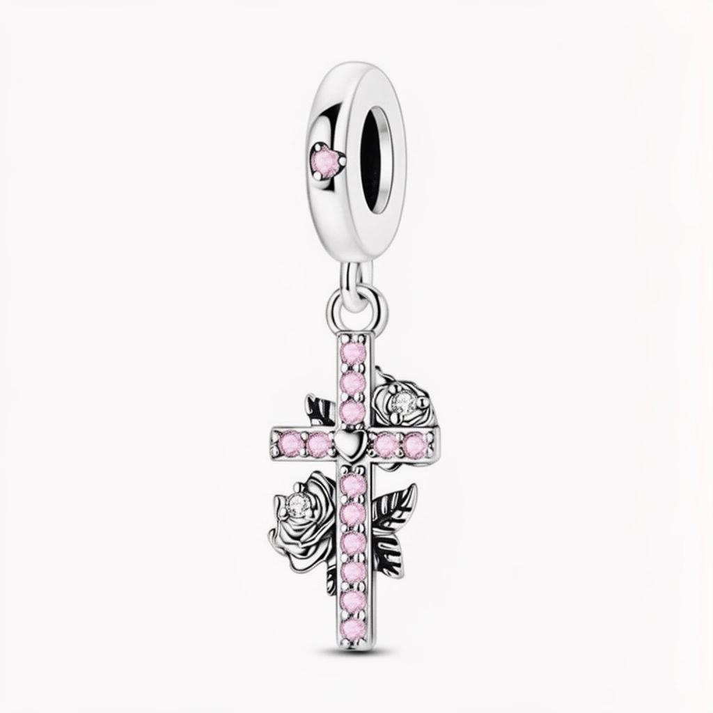 Pink Rose Cross Charm