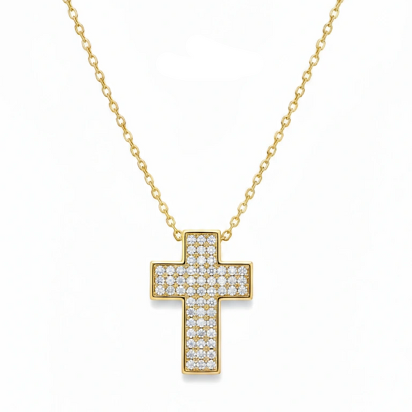 Gold cross necklace with clear stones on a white background, branded 'Guided by Cross'.
