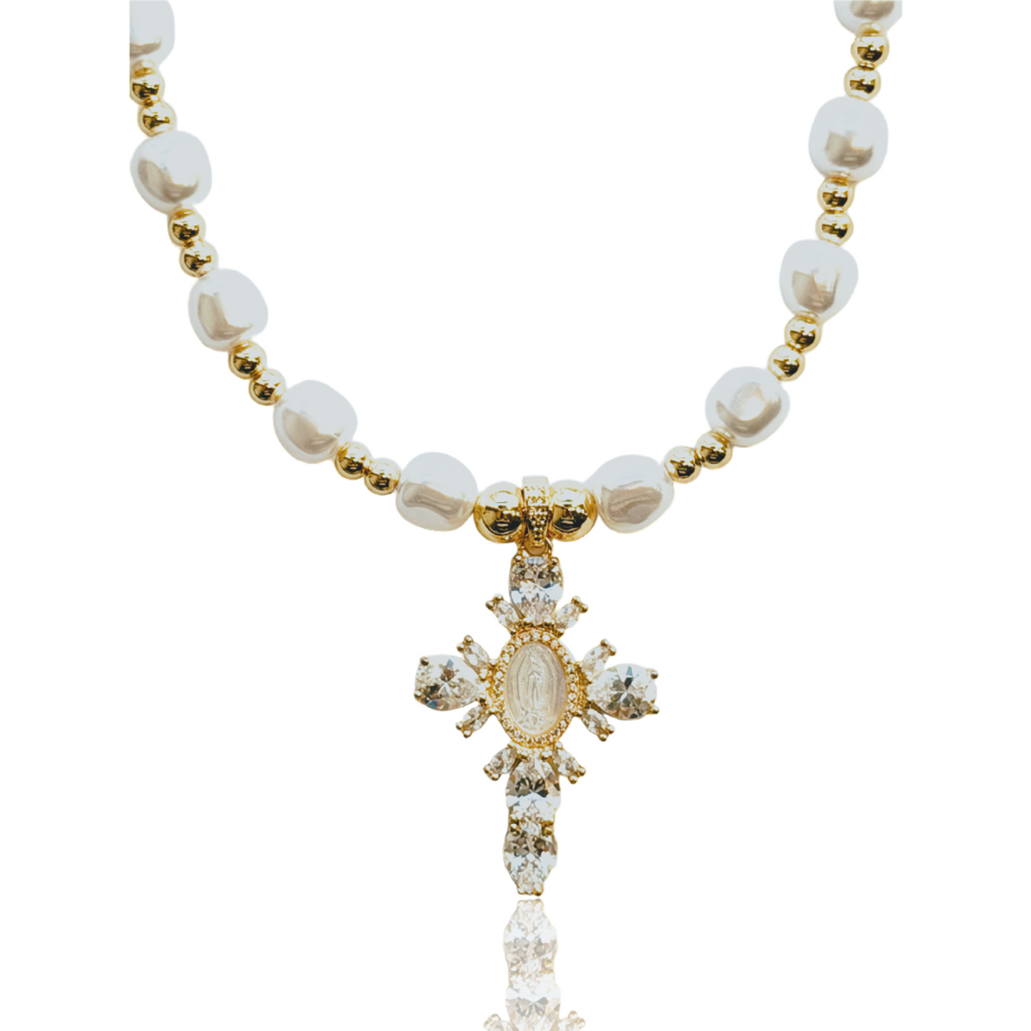 Necklace with gold cross pendant and pearl beads on a white background, featuring 'Guided by Cross' branding.