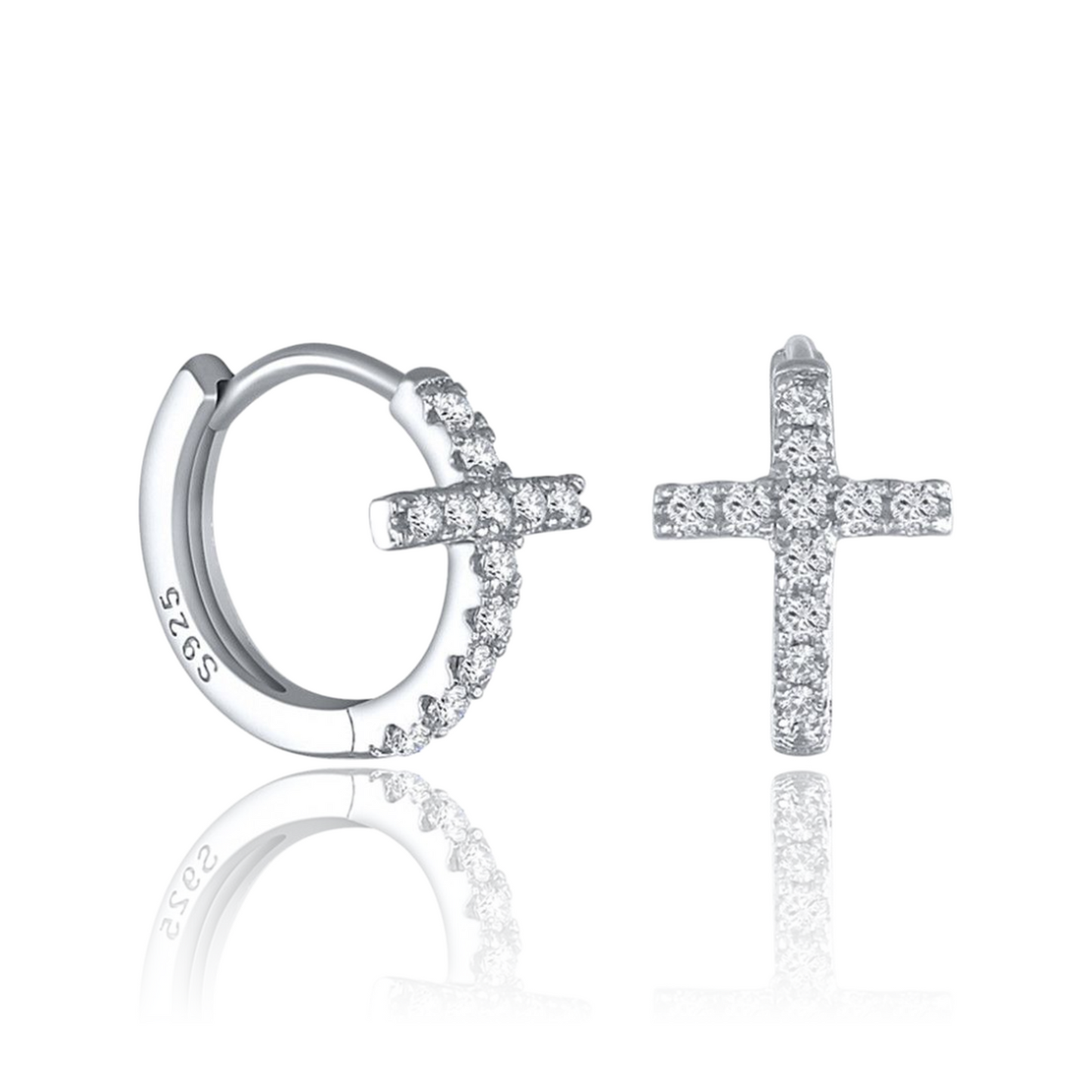 Silver cross earrings with 'Guided by Cross' branding on a white background