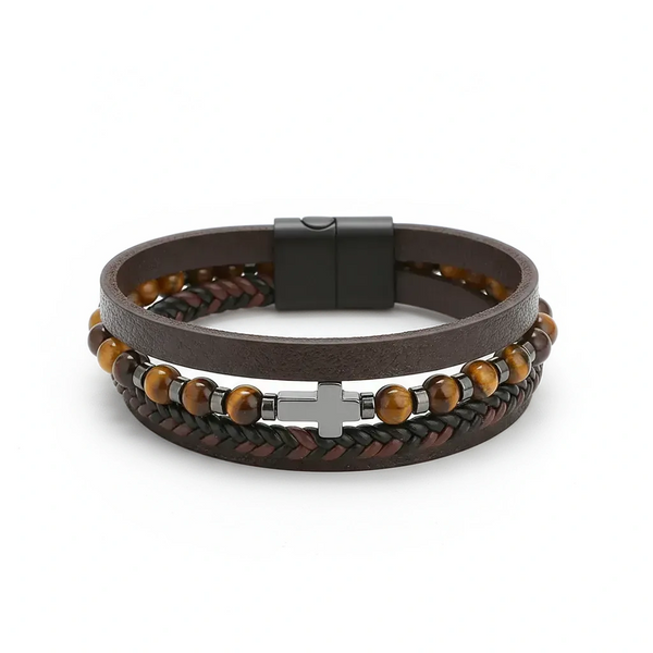 Men's Cross Bracelet with Tiger Eye & Leather