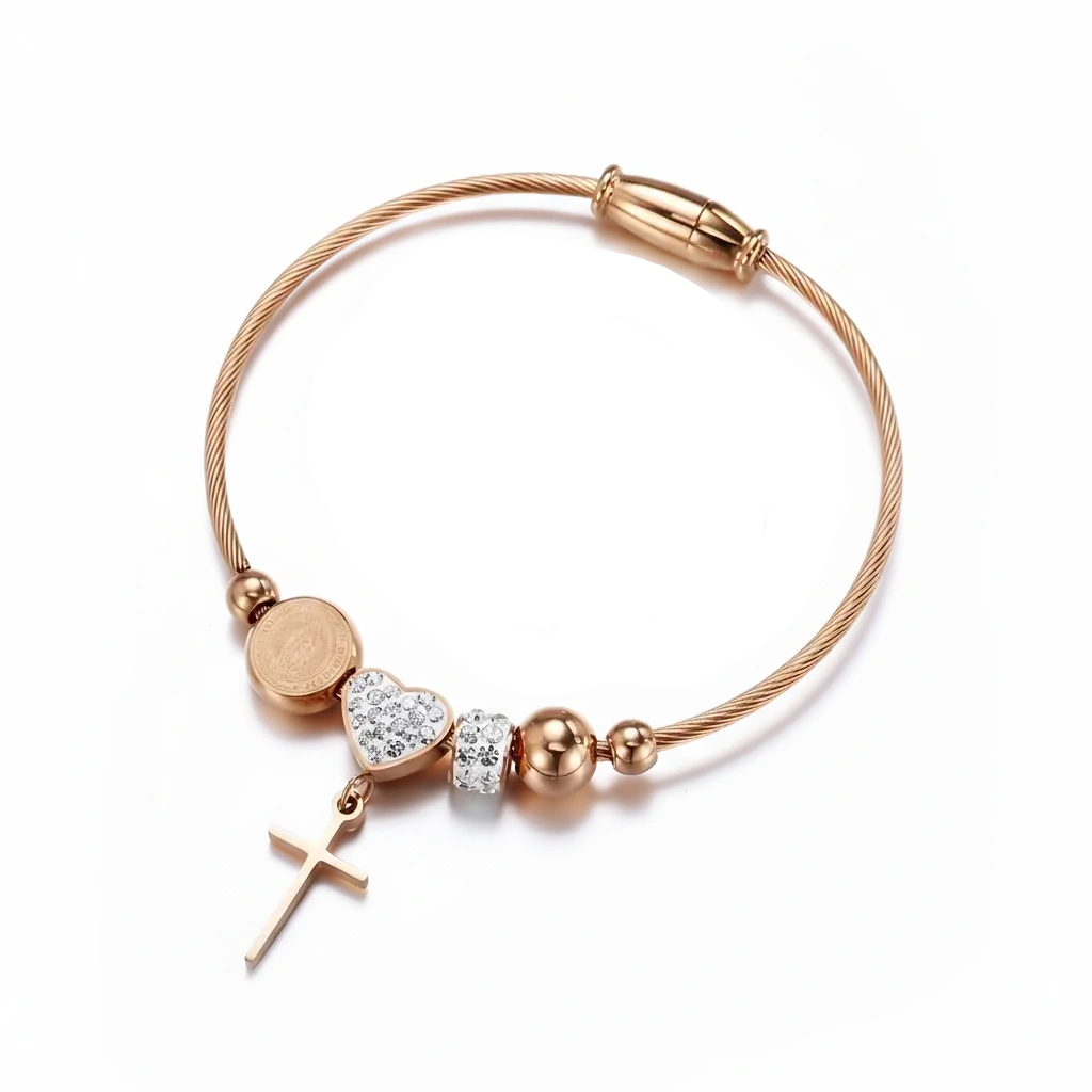 Rose gold bracelet with heart and cross charms on a white background, featuring 'Guided by Cross' branding.