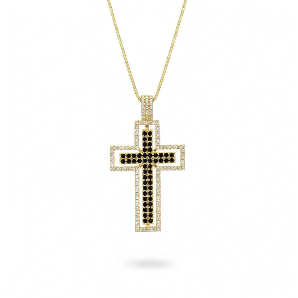 Gold cross pendant with black stones on a white background, branded 'Guided by Cross'.