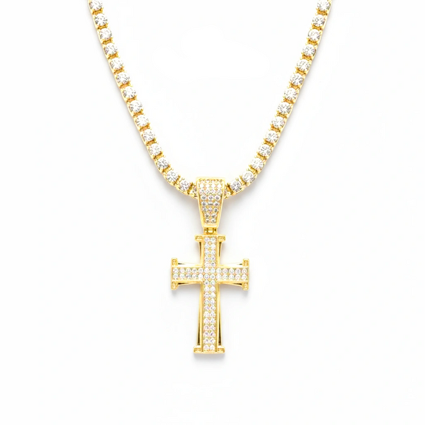 Gold cross pendant necklace with clear stones on a white background, branded 'Guided by Cross'.