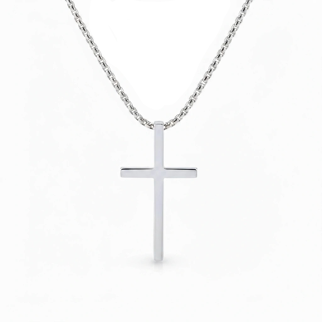 Silver cross necklace on a white background with 'Guided by Cross' branding.