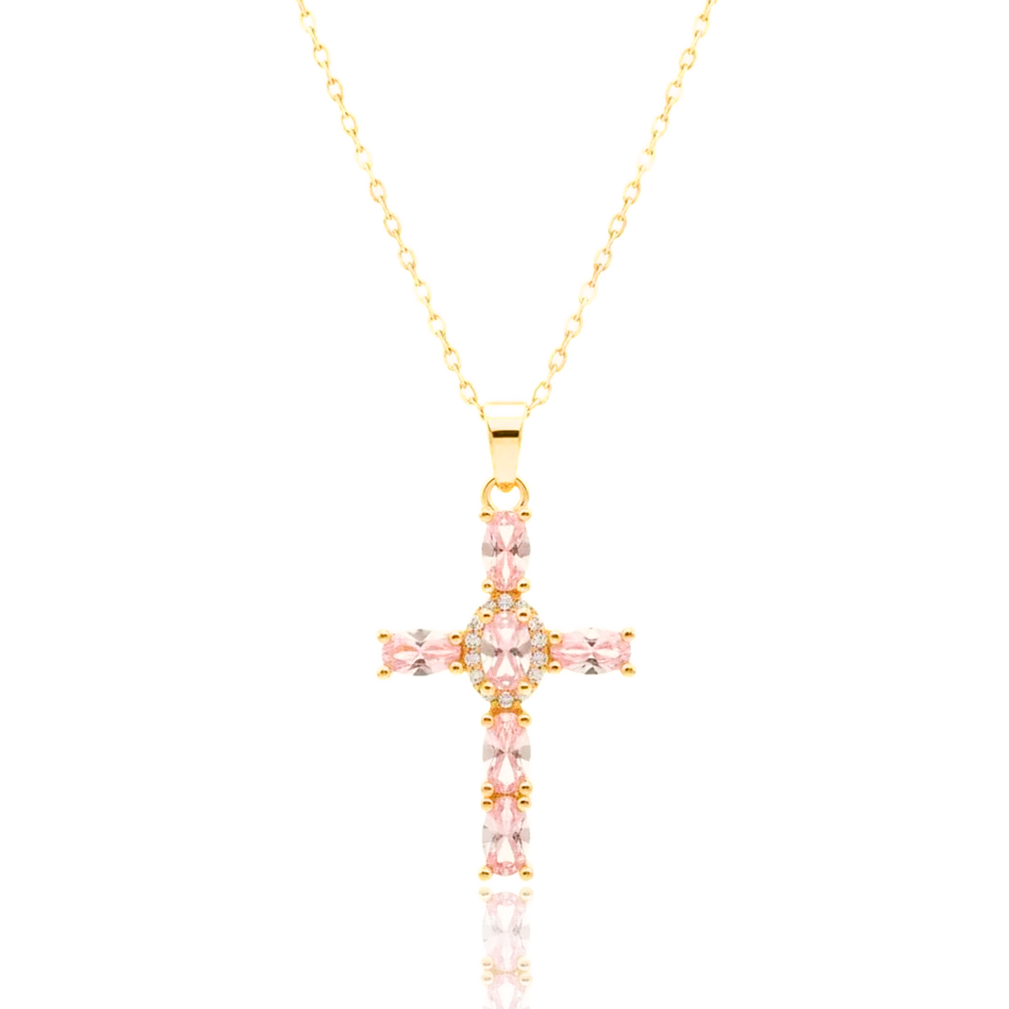 Gold cross necklace with pink gemstones on a white background, featuring 'Guided by Cross' branding.