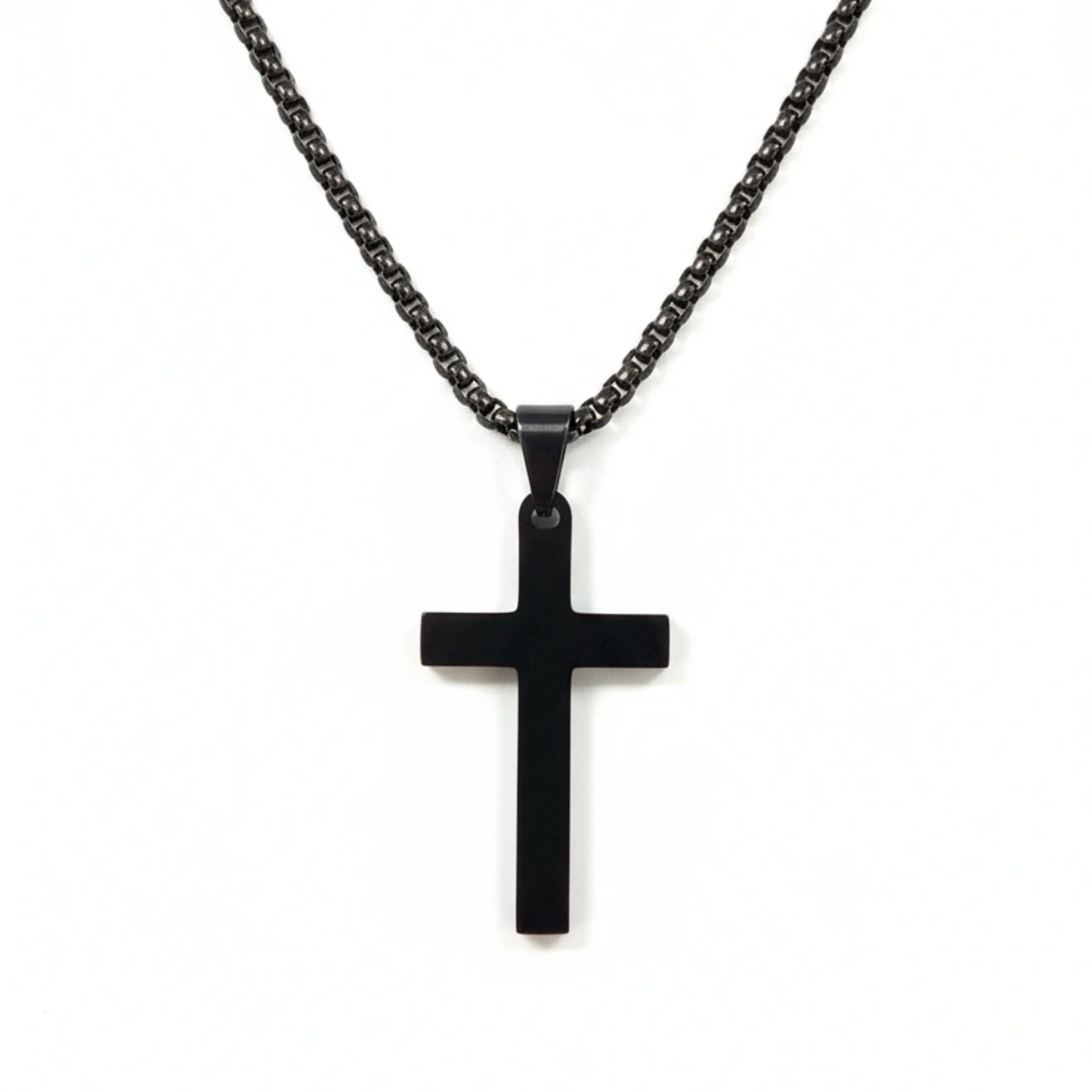 Black cross pendant necklace on a white background with 'Guided by Cross' branding.