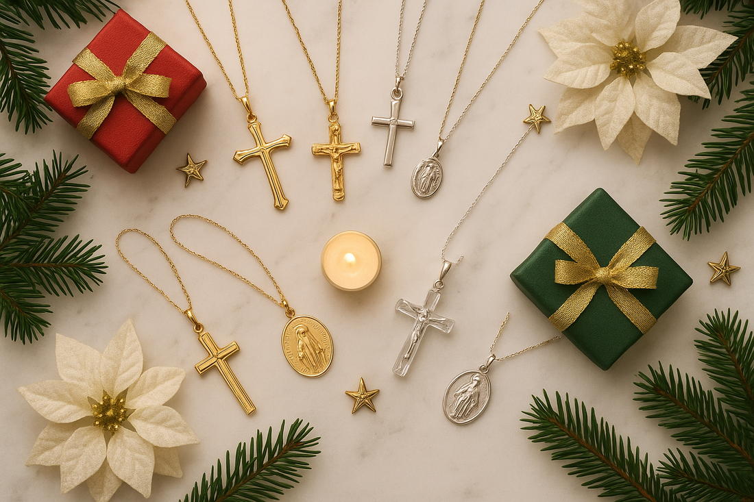 Catholic Christmas jewelry gifts flat lay with cross necklaces, Virgin Mary medals, and festive gift boxes