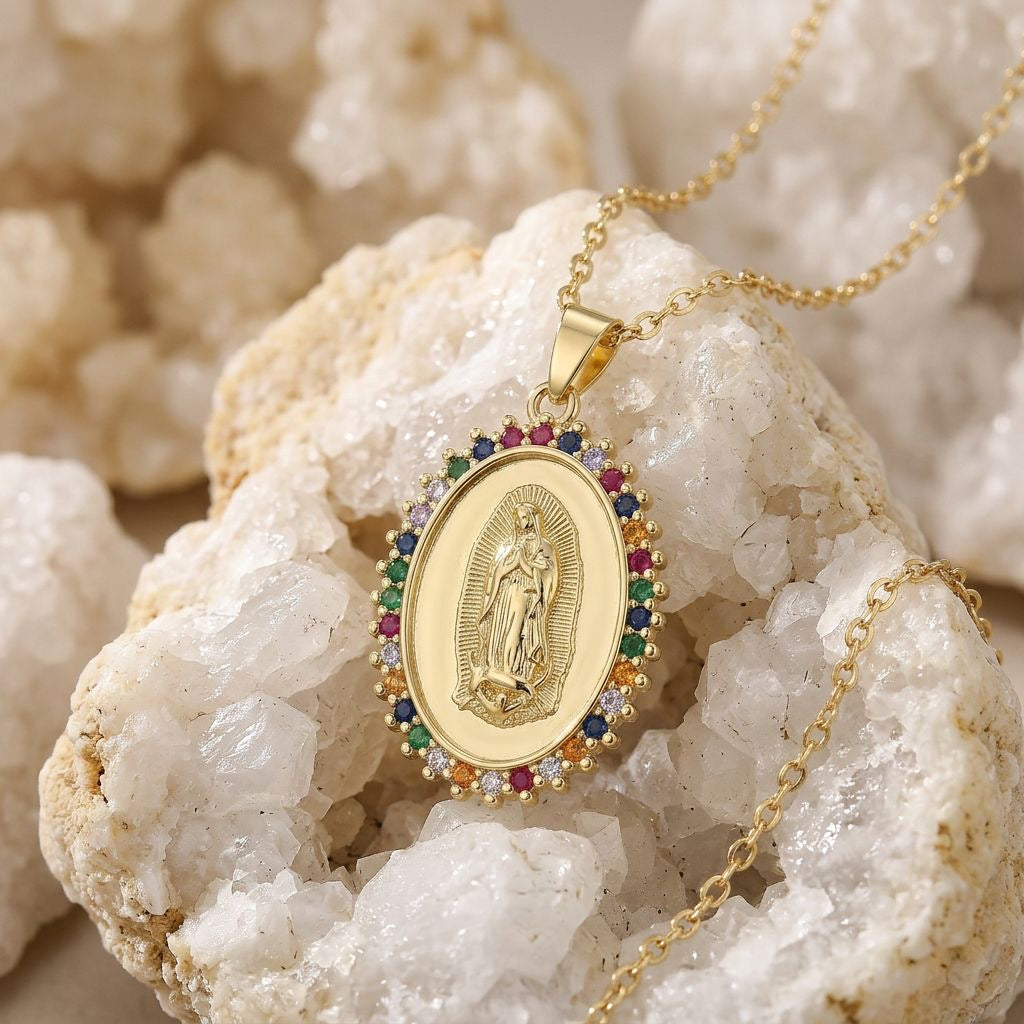 Guadalupe Rainbow Zirconia Medal Necklace