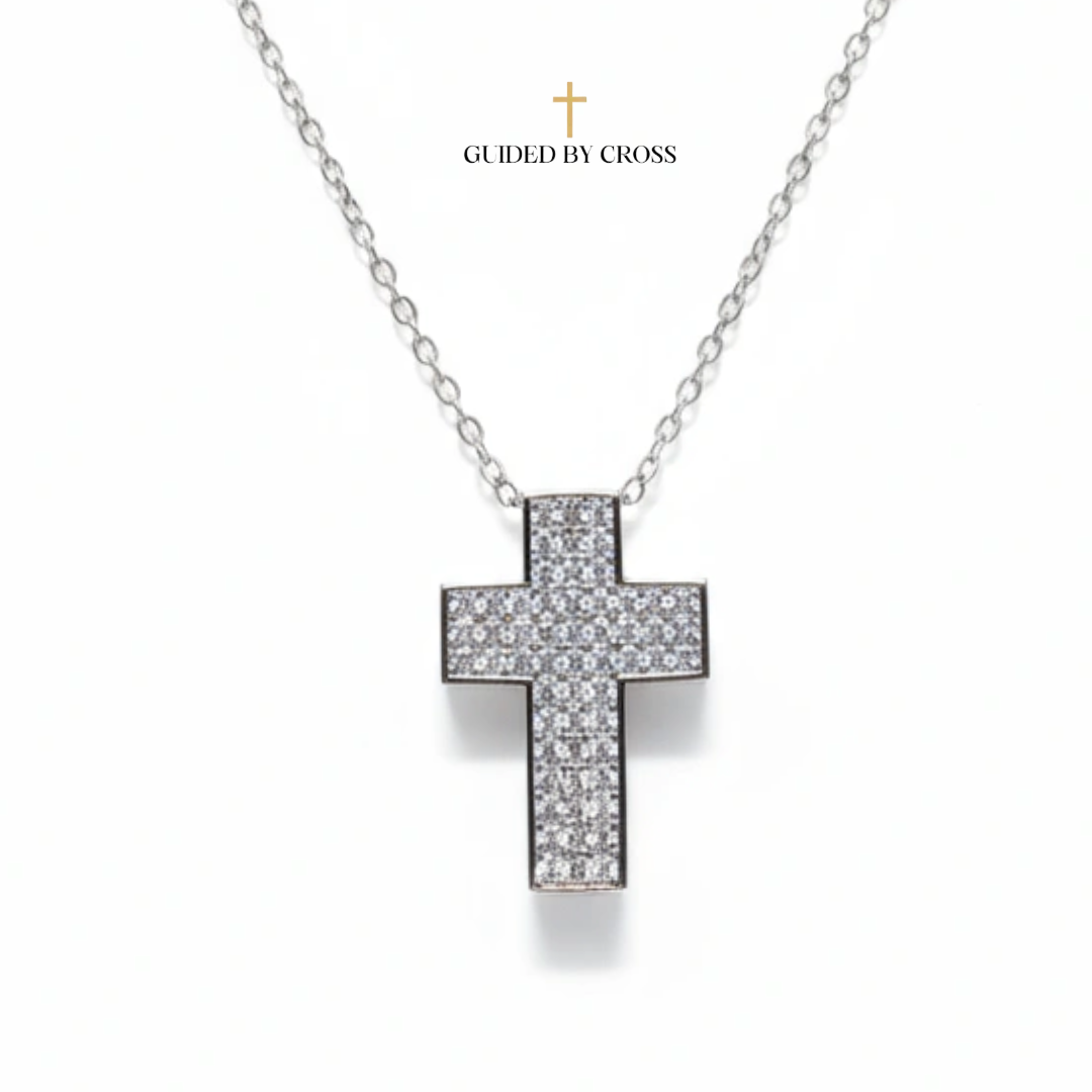 Silver Pave Crystal Cross Necklace - Stainless Steel Waterproof Jewelry | GUIDED BY CROSS