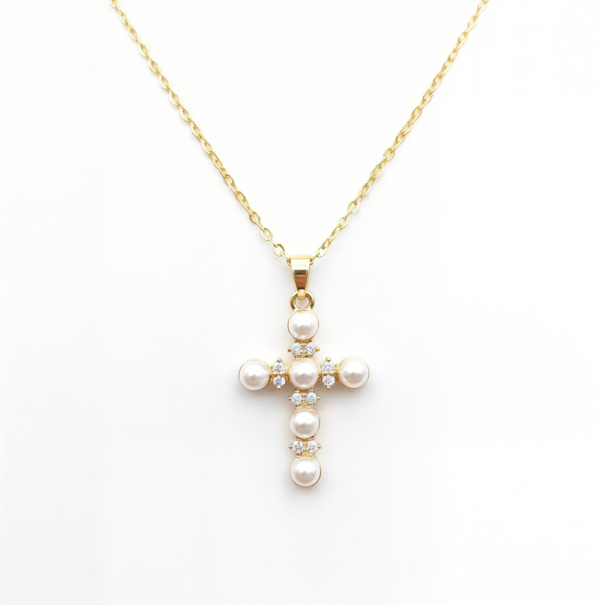 Gold Pearl Crystal Cross Necklace