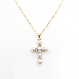 Gold Pearl Crystal Cross Necklace