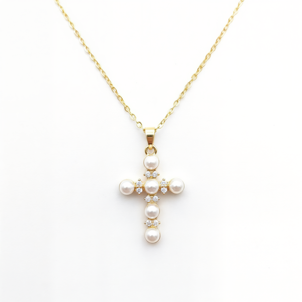 Gold Pearl Crystal Cross Necklace