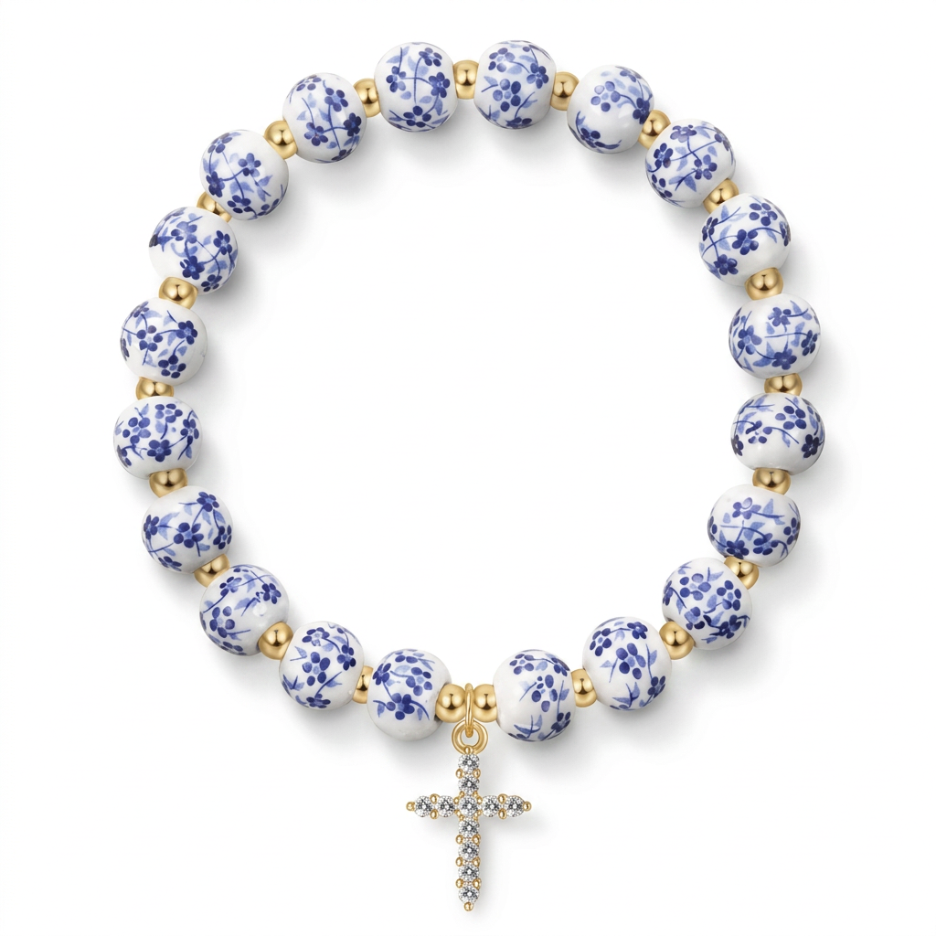 Floral Ceramic Bead Bracelet with Crystal Cross Charm