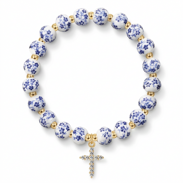 Floral Ceramic Bead Bracelet with Crystal Cross Charm
