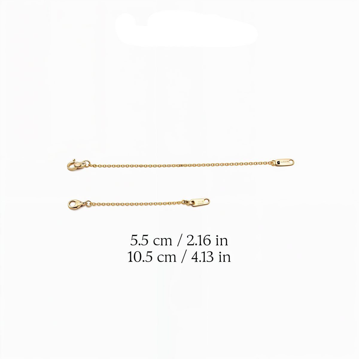 Gold chain necklace with measurements on a white background, featuring the brand 'Glided by Cross'.