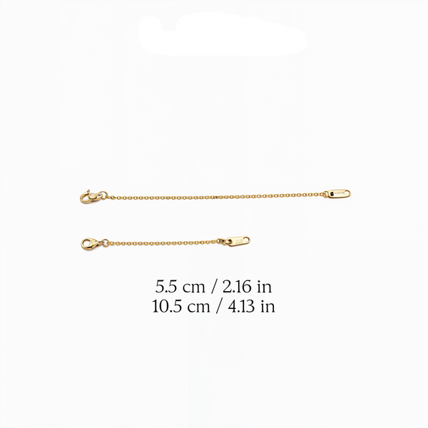 Gold chain necklace with measurements on a white background, featuring the brand 'Glided by Cross'.