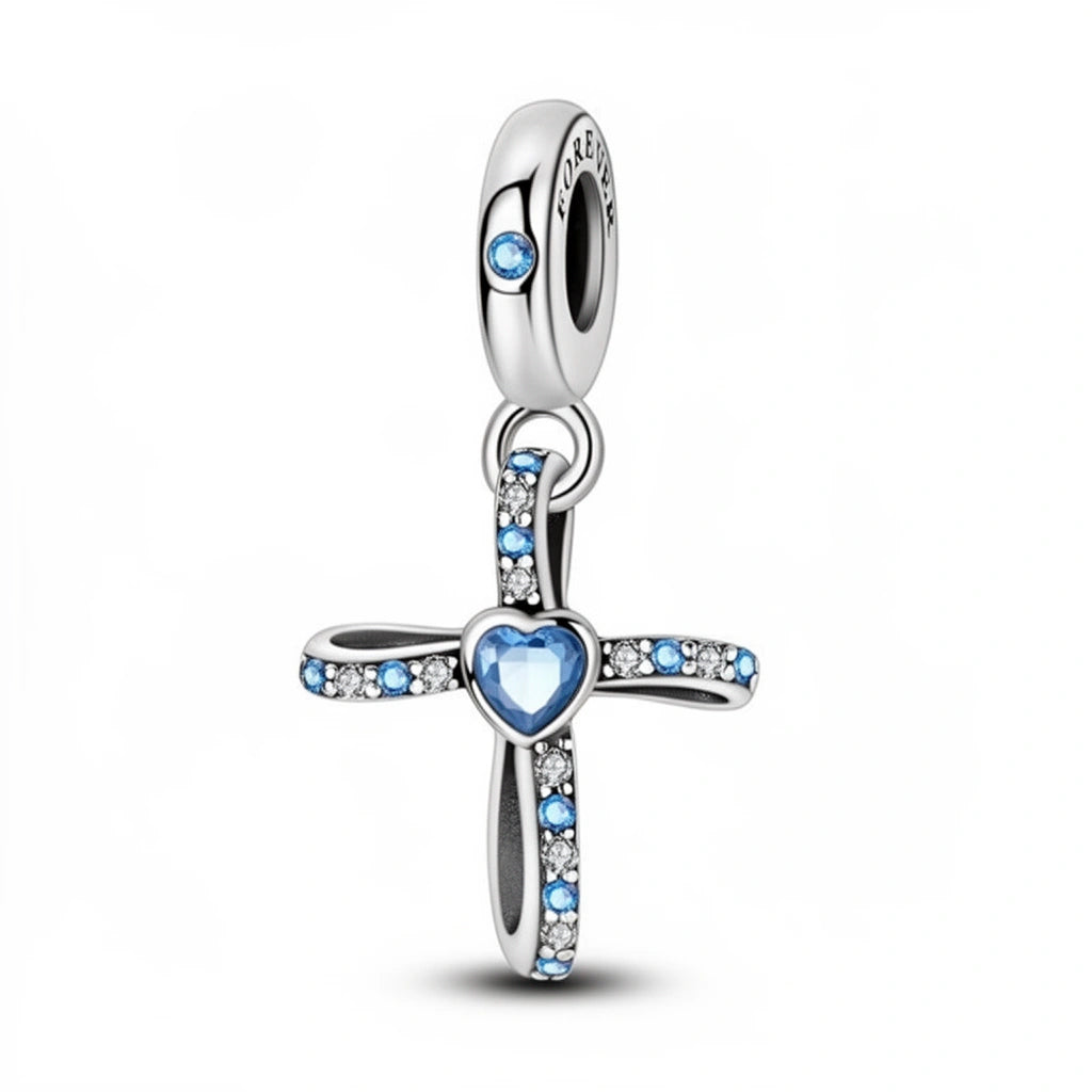 Blue Heart Cross Charm