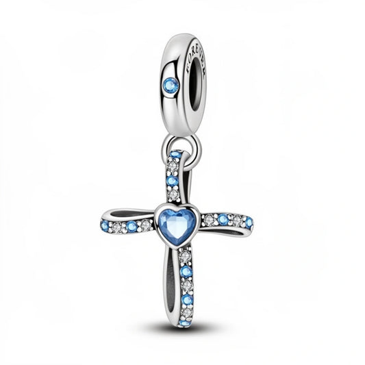 Blue Heart Cross Charm
