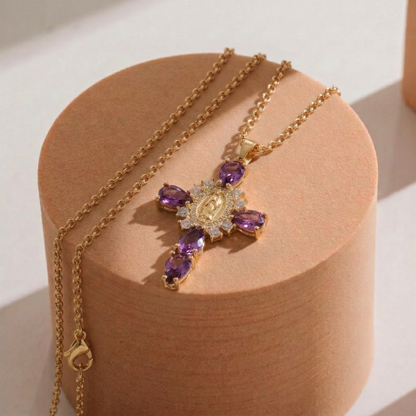Our Lady of Guadalupe Purple Crystal Cross Necklace