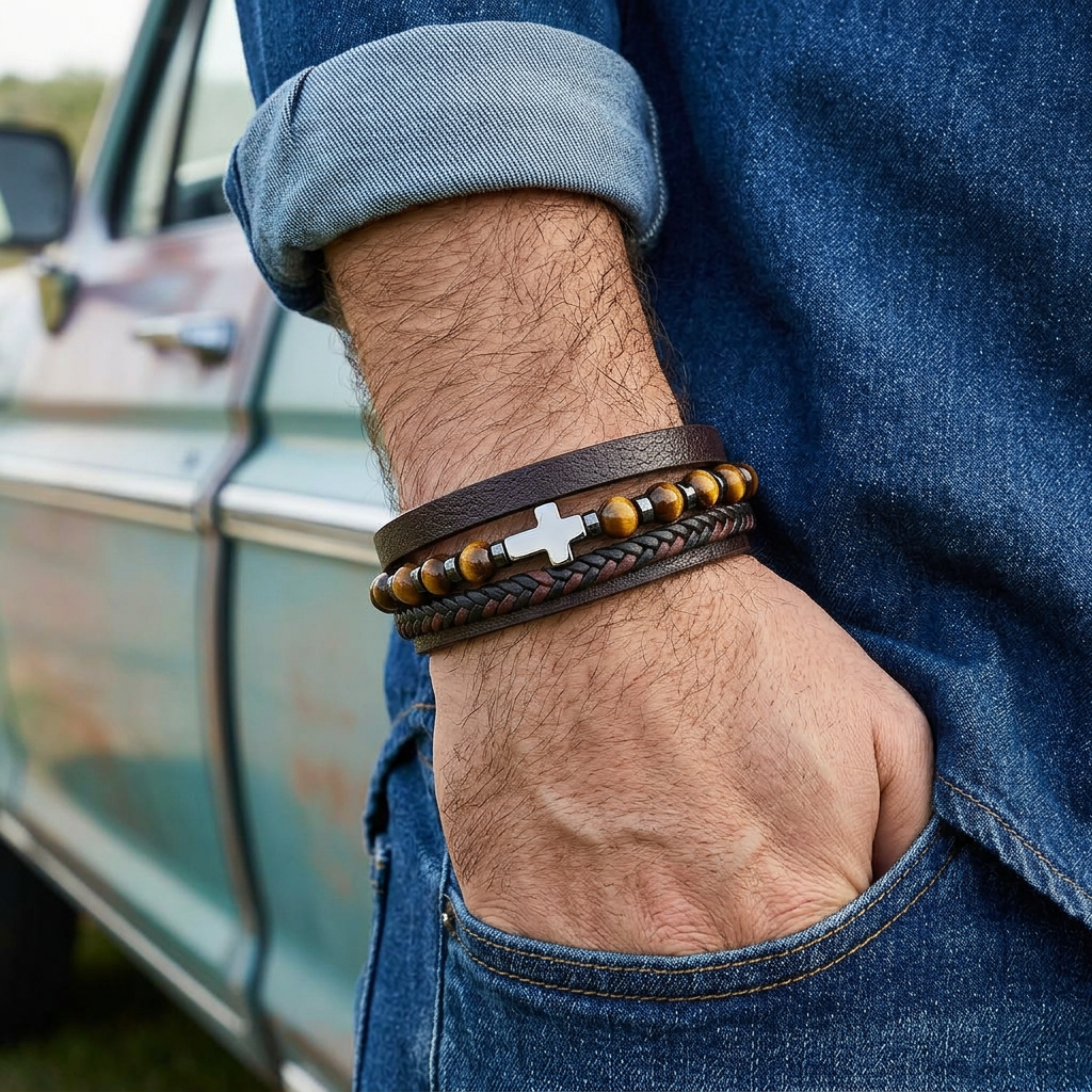 Men's Cross Bracelet with Tiger Eye & Leather