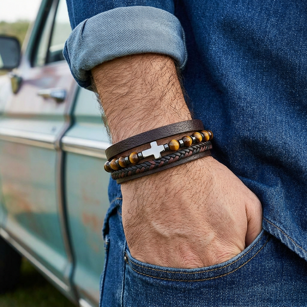Men's Cross Bracelet with Tiger Eye & Leather