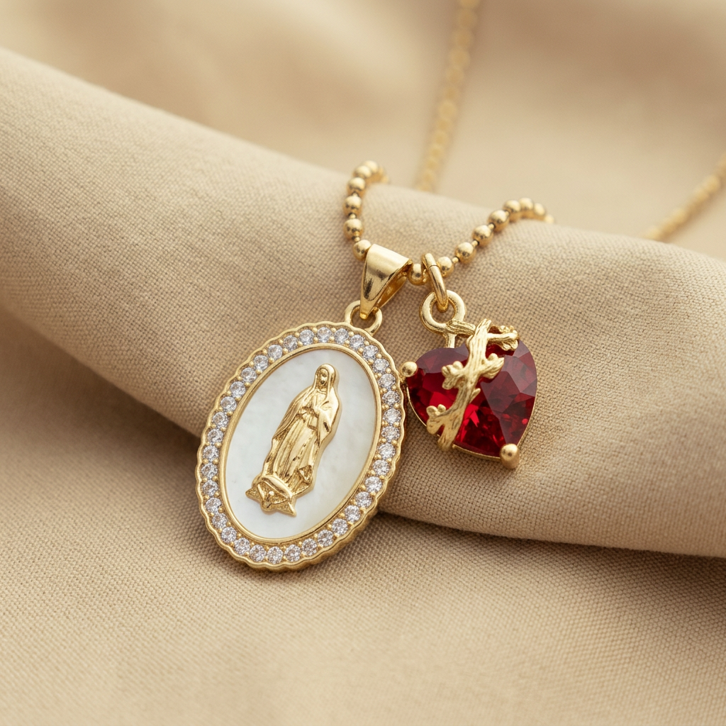 Our Lady Medal Multi-Charm Necklace with Heart & Rose