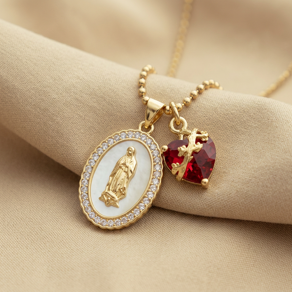 Our Lady Medal Multi-Charm Necklace with Heart & Rose