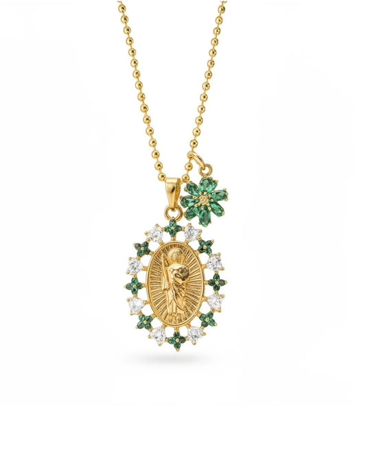 Saint Joseph Medal with Green Flower Halo Necklace