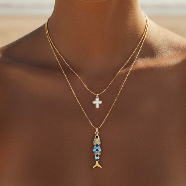 Blue Ichthys & Cross Layered Necklace Set