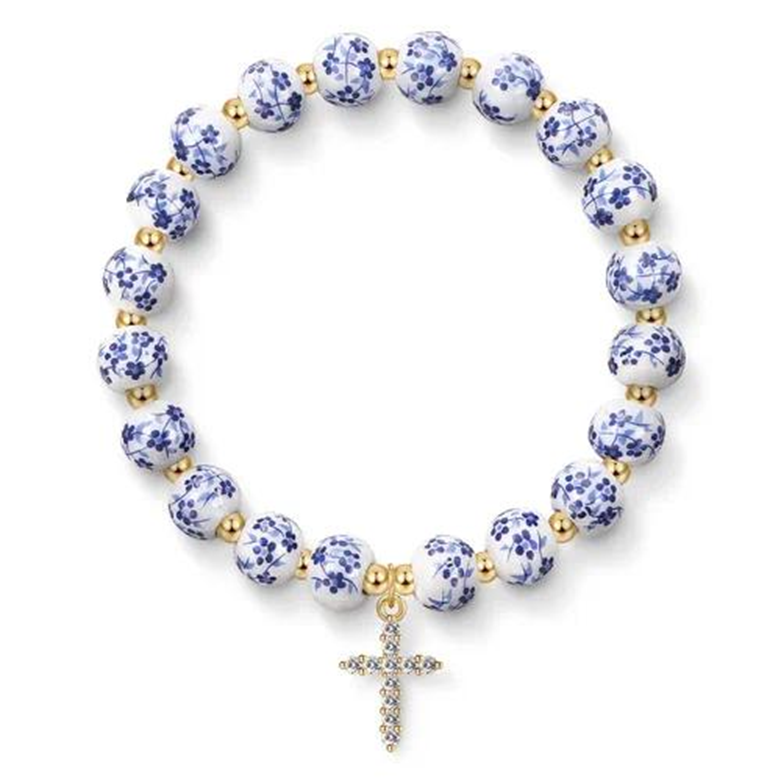 NH46140288|Blue Ceramic Diamond Cross Bracelet 2