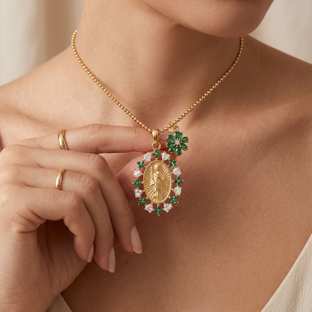 Saint Joseph Medal with Green Flower Halo Necklace
