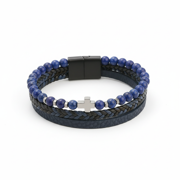 Men's Multi-Layer Cross Bracelet with Lapis Lazuli & Leather