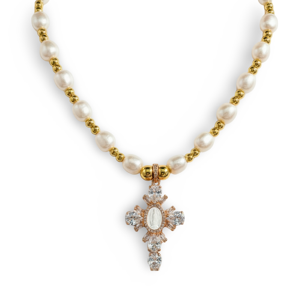 Pearl Beaded Crystal Cross Necklace