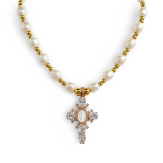 Pearl Beaded Crystal Cross Necklace