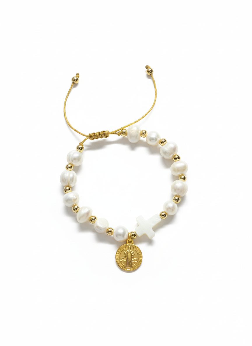 Freshwater Pearl Cross Bracelet with Saint Benedict Medal