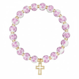 Floral Ceramic Bead Bracelet with Crystal Cross Charm