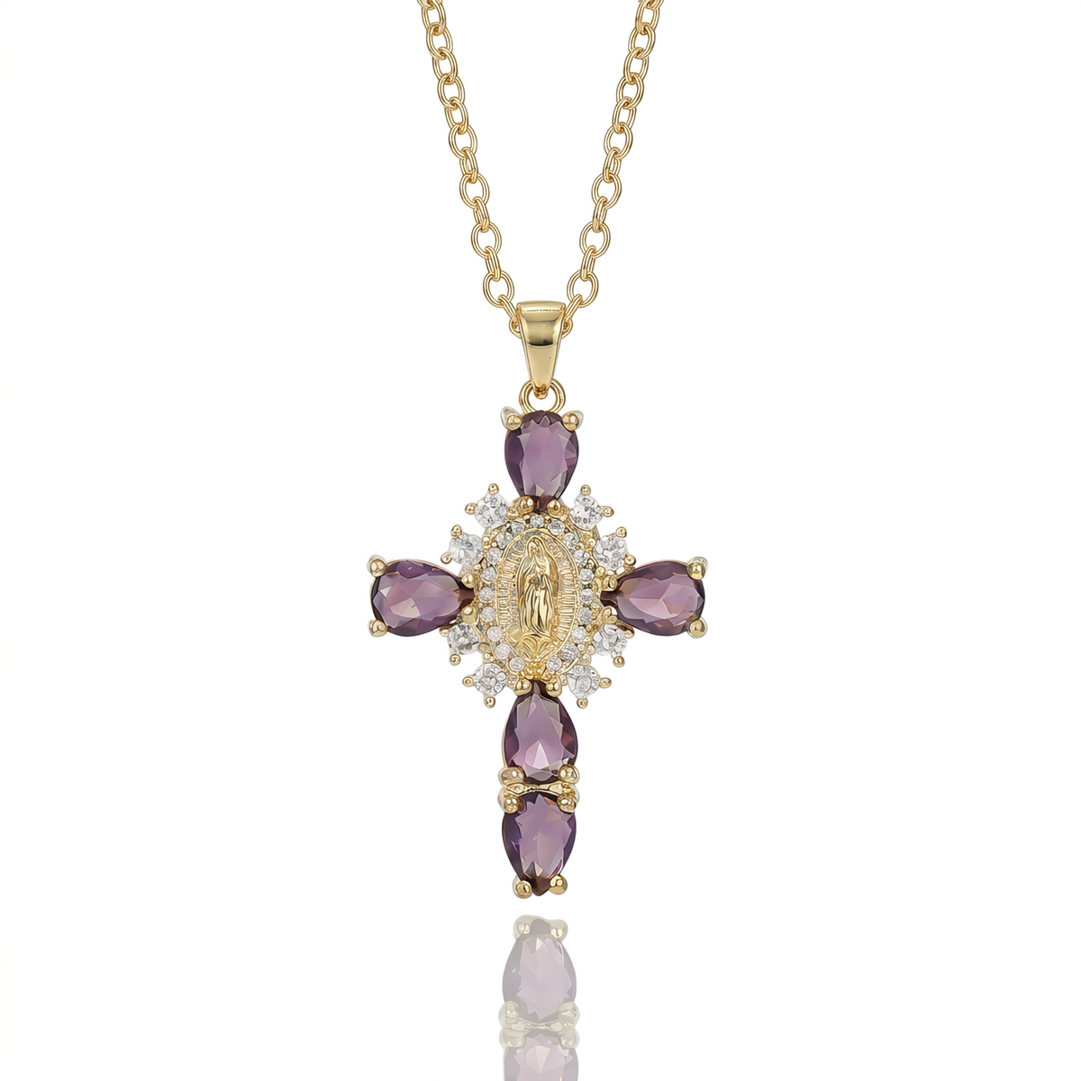 Our Lady of Guadalupe Purple Crystal Cross Necklace