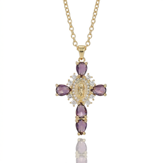 Our Lady of Guadalupe Purple Crystal Cross Necklace