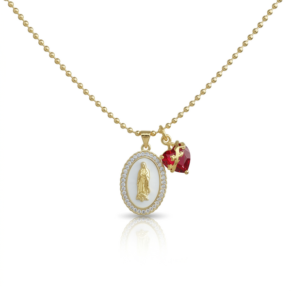 Our Lady Medal Multi-Charm Necklace with Heart & Rose