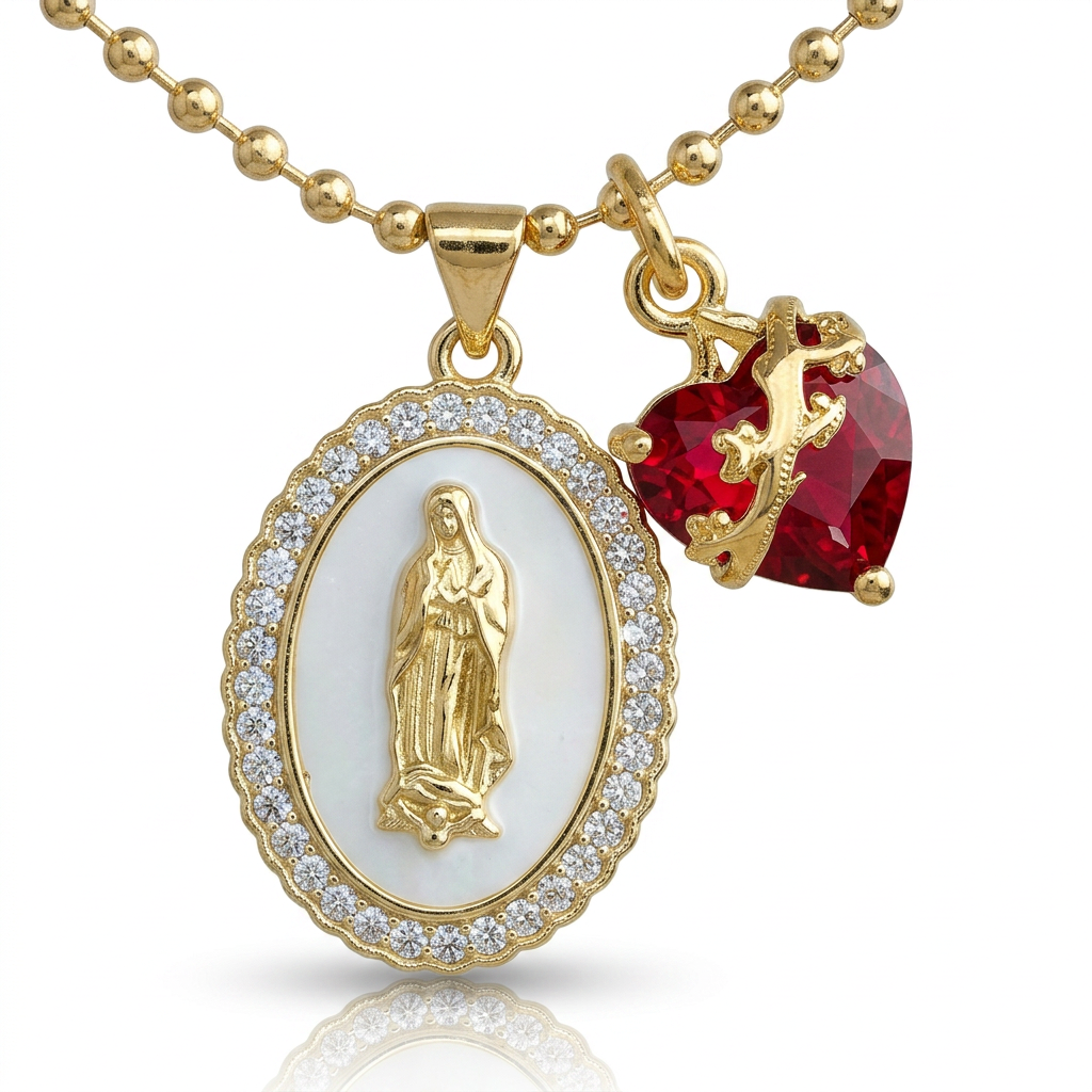Our Lady Medal Multi-Charm Necklace with Heart & Rose