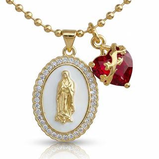 Our Lady Medal Multi-Charm Necklace with Heart & Rose