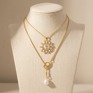 Pearl Lariat & Mother of Pearl Cross Necklace Set