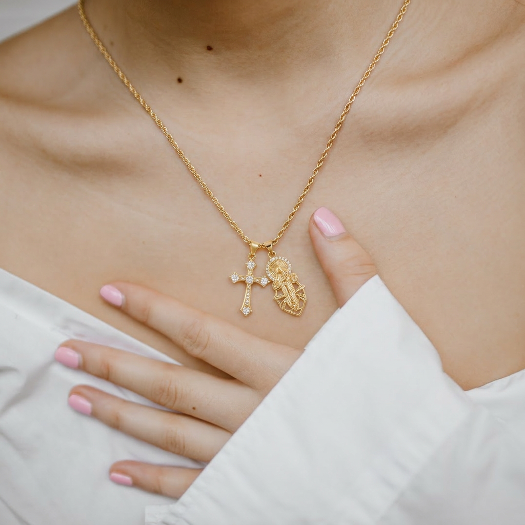 Double Charm Necklace - Cross & Mary