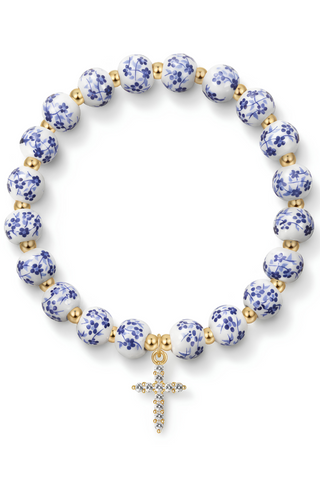 Floral Ceramic Bead Bracelet with Crystal Cross Charm