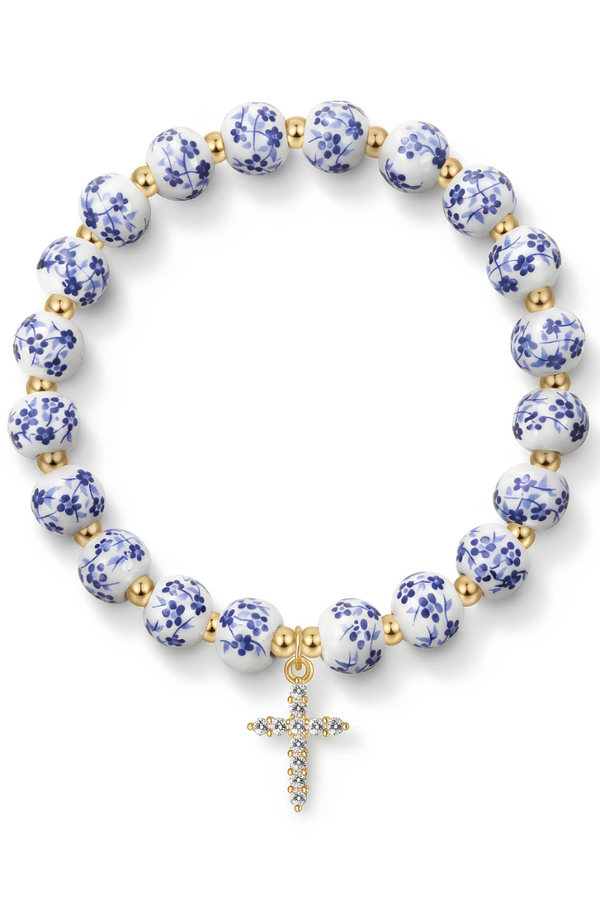 Floral Ceramic Bead Bracelet with Crystal Cross Charm