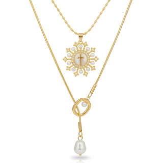 Pearl Lariat & Mother of Pearl Cross Necklace Set