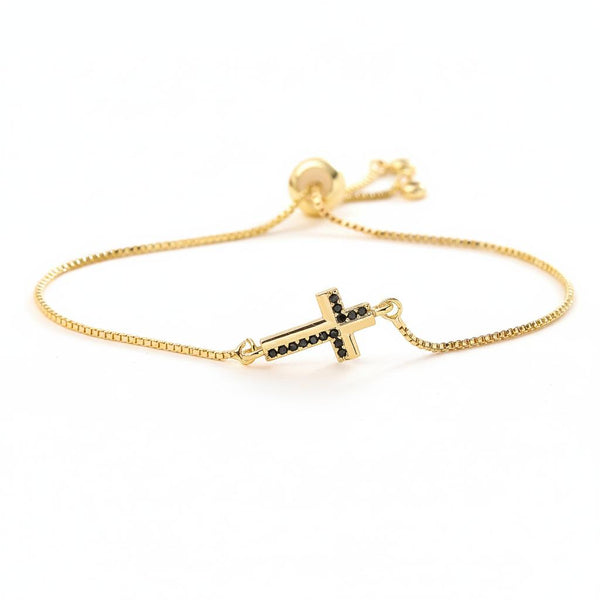 Gold Black Crystal Cross Bracelet - Adjustable